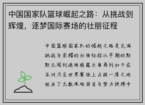 中国国家队篮球崛起之路：从挑战到辉煌，逐梦国际赛场的壮丽征程