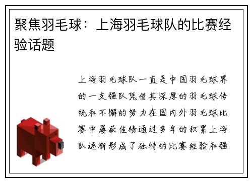 聚焦羽毛球：上海羽毛球队的比赛经验话题